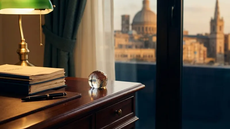 Eleganter Schreibtisch mit Finanzdokumenten und Blick auf maltesische Architektur
