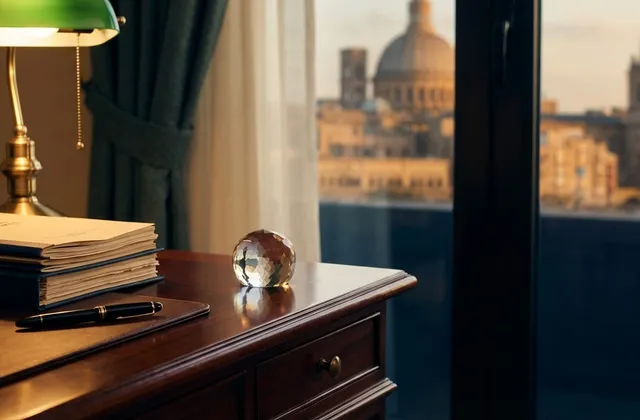 Eleganter Schreibtisch mit Finanzdokumenten und Blick auf maltesische Architektur