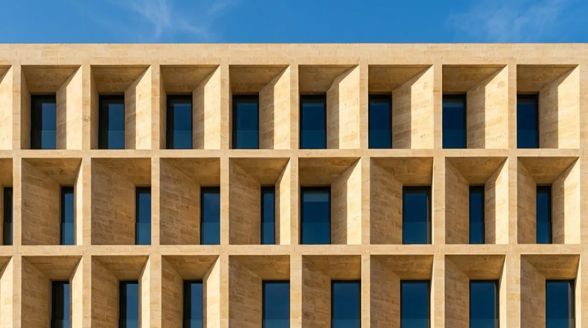 Kalksteinfassade eines Bürogebäudes in Malta