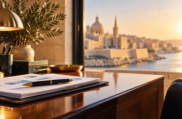 Desk with financial documents and a fountain pen, with the Valletta skyline at golden hour in the background