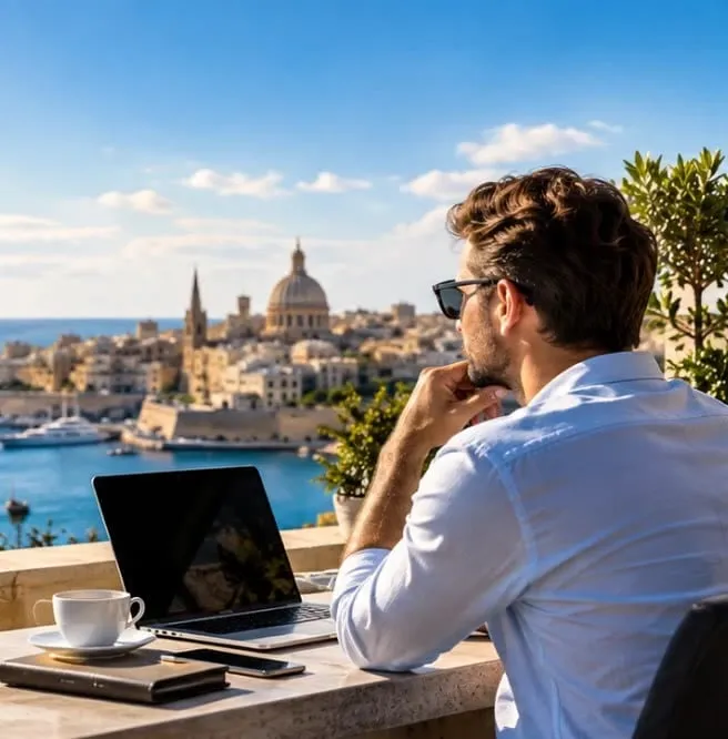 Unternehmer mit Laptop auf einer Terrasse mit Blick auf Valletta