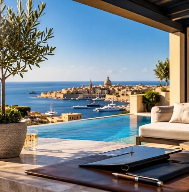 Terrasse mit Blick über den Hafen von Valletta