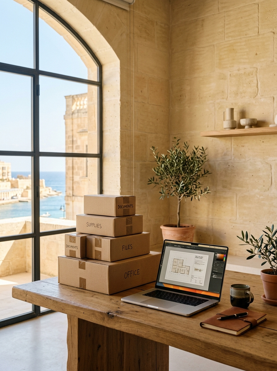 E-Commerce workspace with Malta limestone backdrop