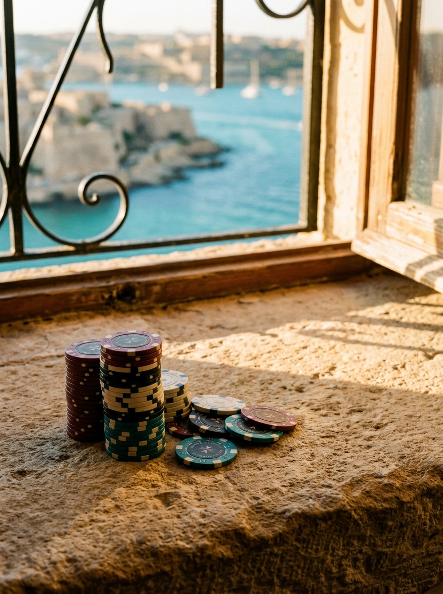Poker chips on Maltese limestone table