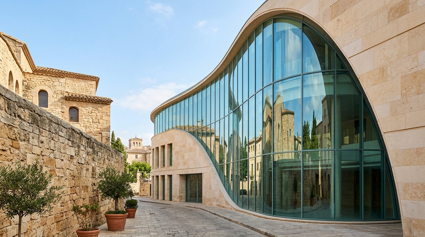 Modern office facade with limestone elements, Sliema